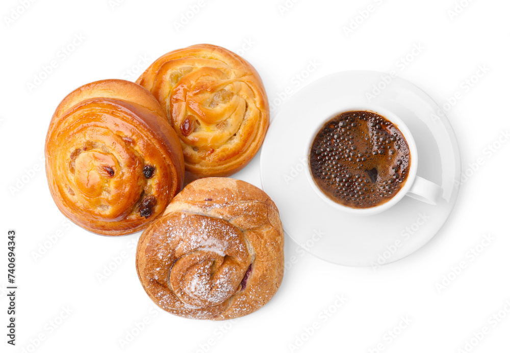 Delicious rolls with jam, powdered sugar, raisins and cup of coffee isolated on white, top view. Sweet buns