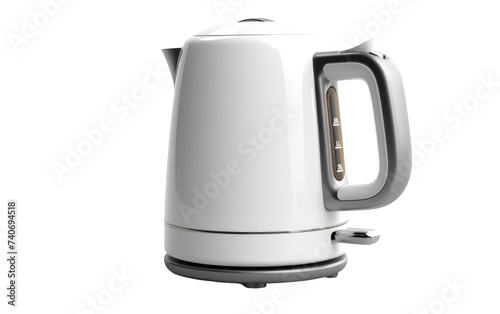 A photo of a white electric kettle featuring a black handle, sitting on a countertop. on White or PNG Transparent Background.
