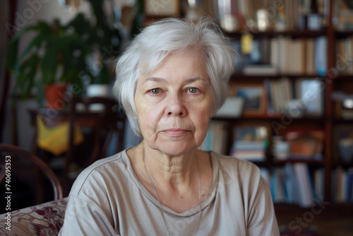 Indoor head shot portrait of serious positive old mature woman in casual looking at camera, posing at home, promoting retirement, elderly healthcare. Senior grandmother Generative AI