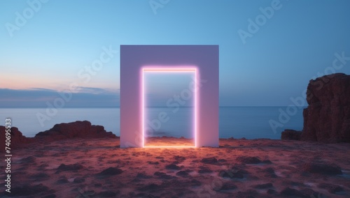 a glowing square is standing in a landscape at sunset