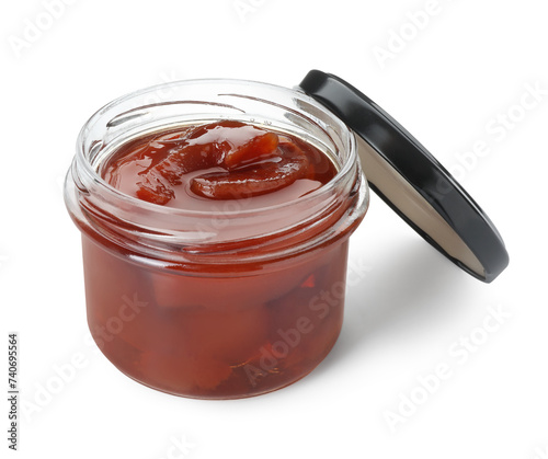 Tasty homemade quince jam in jar isolated on white