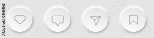 Neumorphism UI UX Design. Elements buttons like, comment, share, save on grey background. User interface elements for mobile app. Vector illustration EPS 10