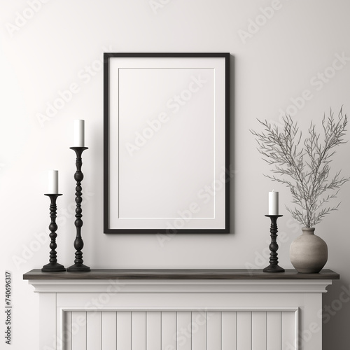 Black Frame mockup, white wall, Interior , neutral tones, modernd  background, candles, flower in pot, fireplace, TV Art, sofa, couch, indoor, lounge, comfortable, table