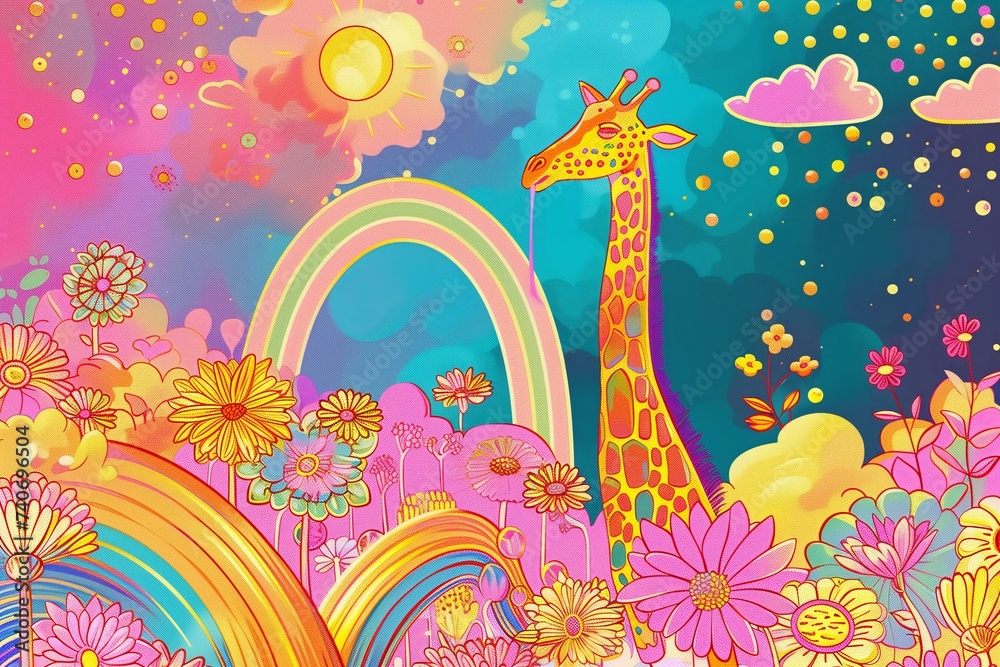 psychedelic giraffe with rainbows, childish illustration, vibrant colors