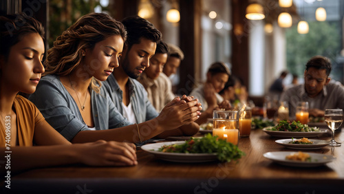 Friends Table Prayer Thanksgiving for Food at Restaurant  created with Generative AI technology