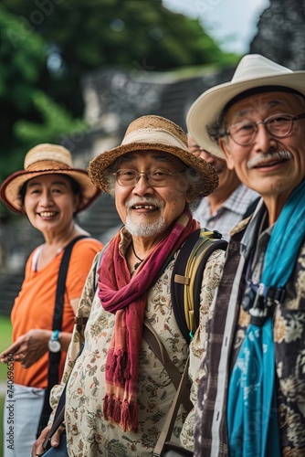 Senior asian friends group traveler portrait, in summer vacation.