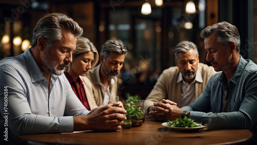 Aged Friends Table Prayer Thanksgiving for Food at Restaurant, created with Generative AI technology