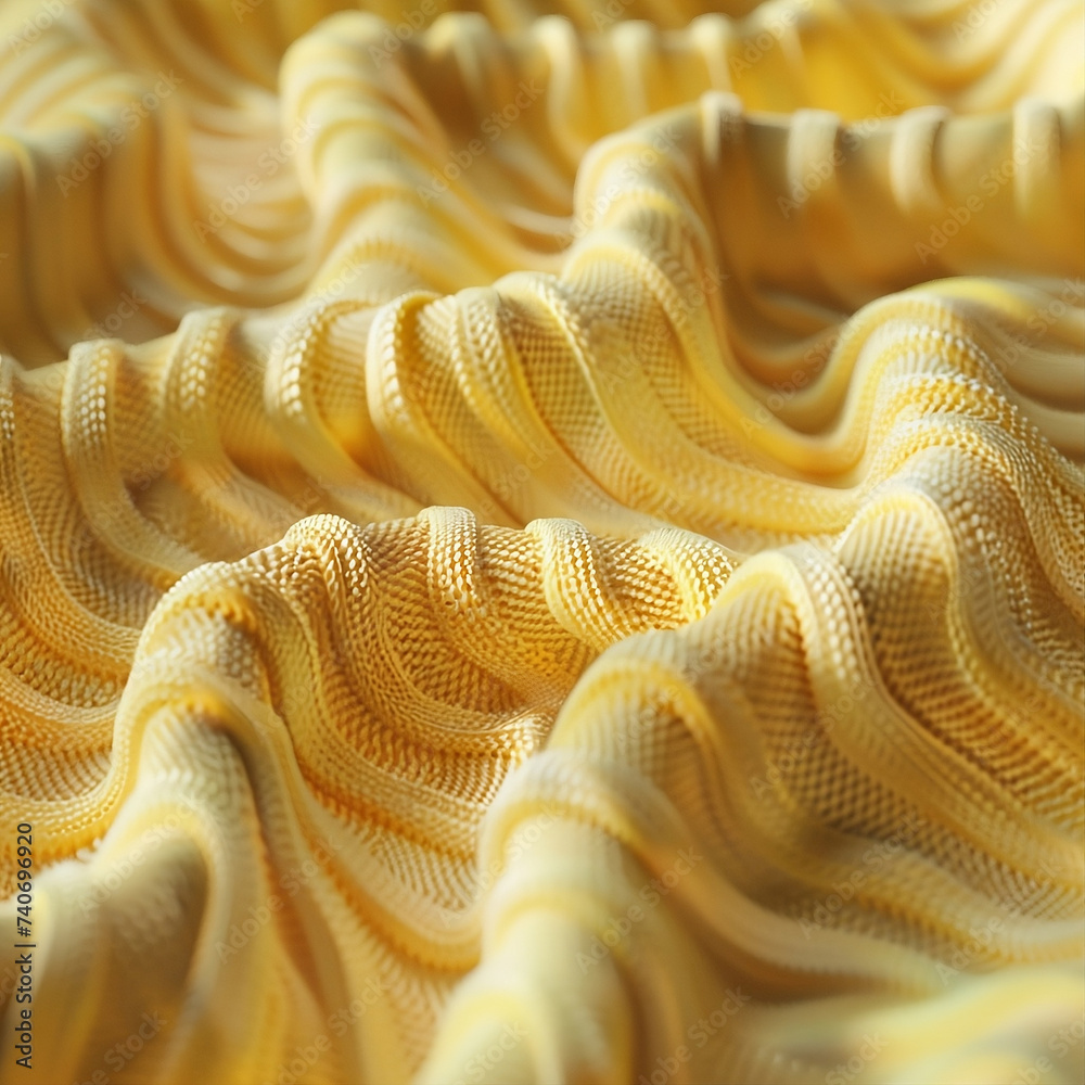 Eine Nahaufnahme eines 3D-Stricktextils in heller, warmer gelber Farbe auf einem frischen, neutralen, warmen, hellen Hintergrund, a close-up on a 3D knitted textile in light warm yellow color on a fre - obrazy, fototapety, plakaty 