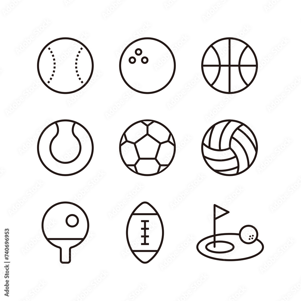 A set of ball icons for each type of sport in a minimalist, simple, and flat style. Soccer, volleyball, baseball, tennis, basketball, bowling, table tennis, rugby, golf.