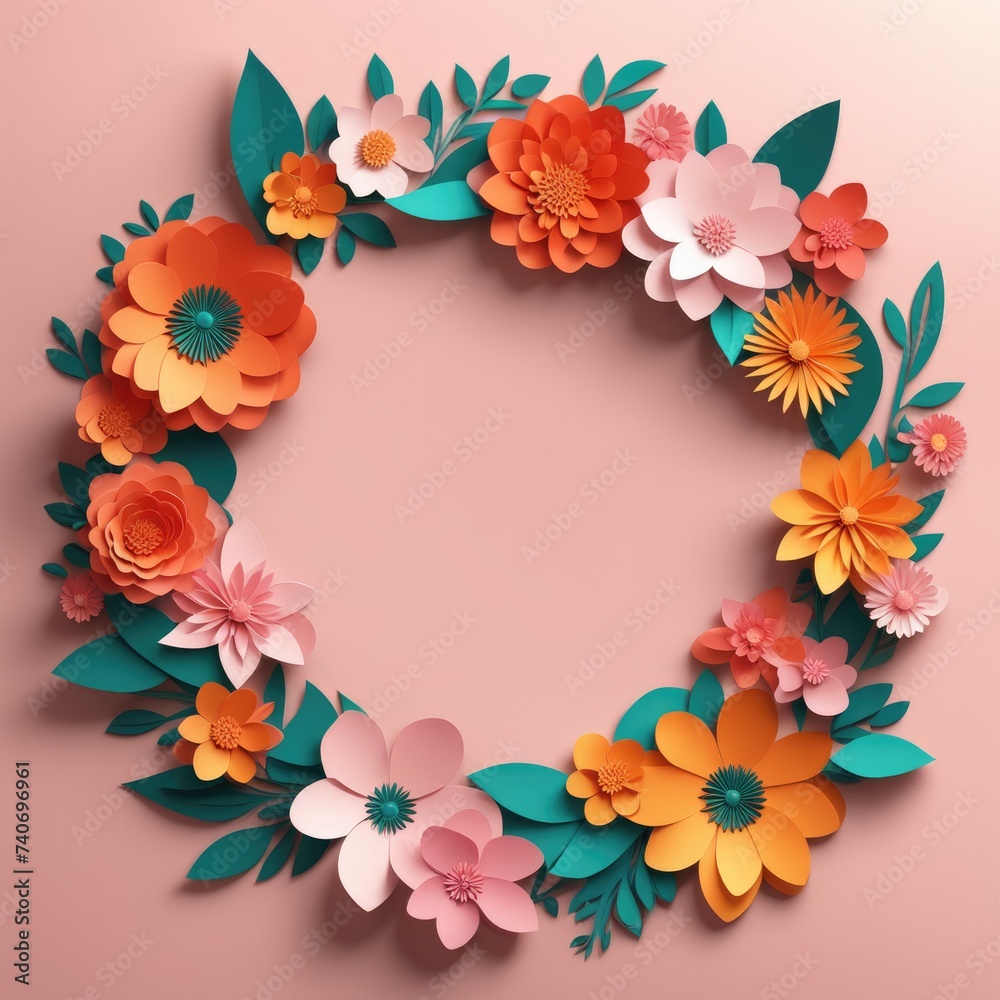 A wreath of colorful paper cutout flowers with lush green leaves, arranged in a circular pattern A wreath of colorful paper cutout flowers with lush green leaves, arranged in a circular pattern