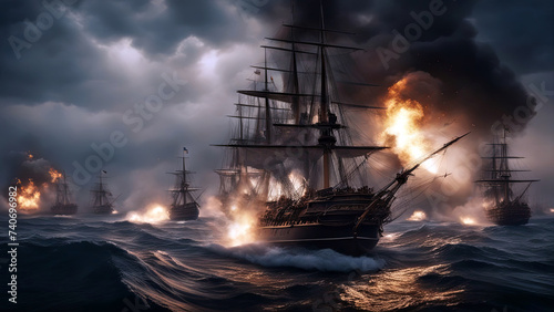 Historical painting of Sea battle in late 18th early 19th century, Ships ablaze, created with Generative AI technology photo