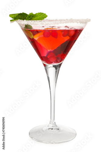 Tasty cranberry cocktail with orange, sugar and mint in glass isolated on white