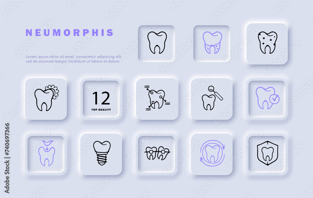 Caries line icon set. Dentist, dental care, oral health, check-up, examination, magnifying glass, caries, shield, pin, gears. Neomorphism style. Vector line icon for business and advertising Caries line icon set. Dentist, dental care, oral health, check-up, examination, magnifying glass, caries, shield, pin, gears. Neomorphism style. Vector line icon for business and advertising