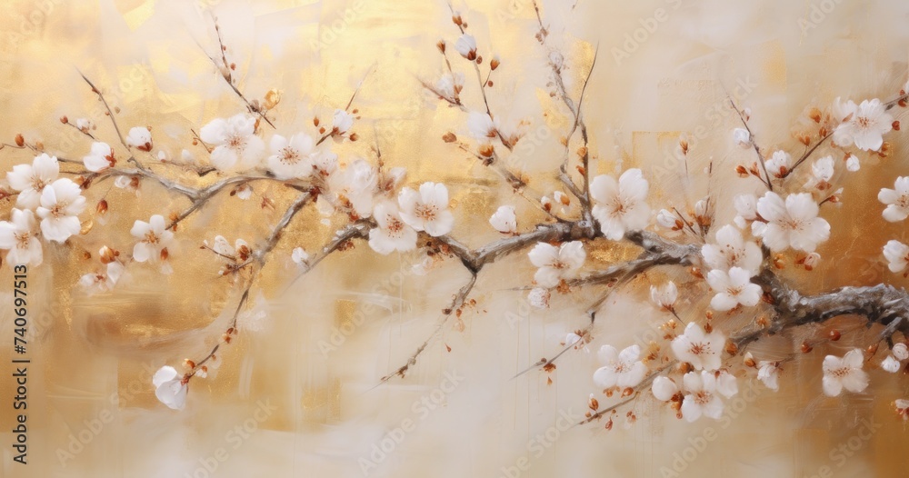 an asian cherry blossom painting in gold and white