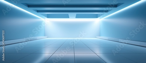 an empty white canvas floor with lights in a blue room
