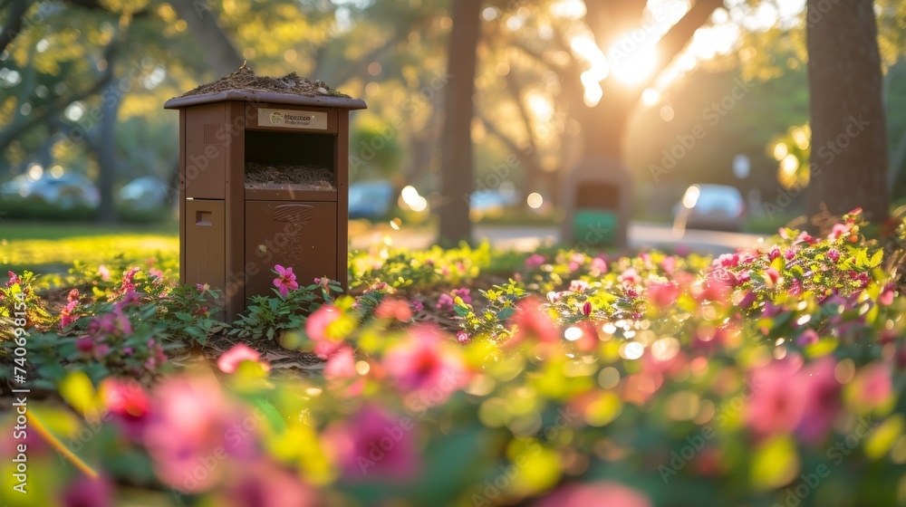 Outdoor composting bin surrounded by flowers and plants for recycling home and garden waste Outdoor composting bin surrounded by flowers and plants for recycling home and garden waste