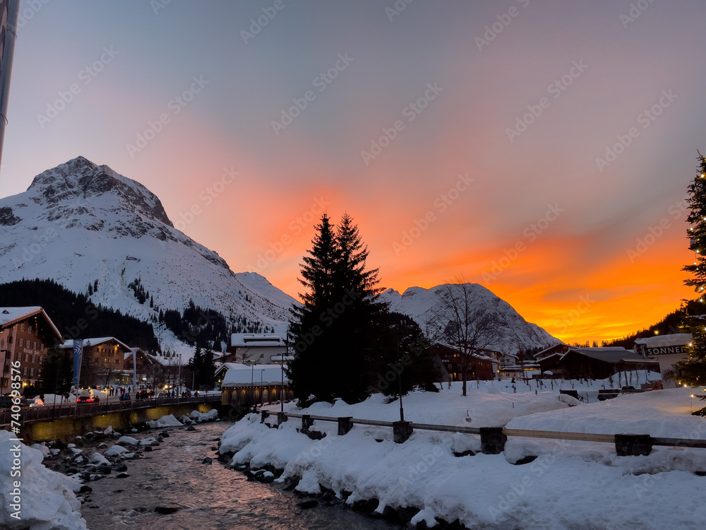 Sunset over the village of Lech in the Arlberg, Austria