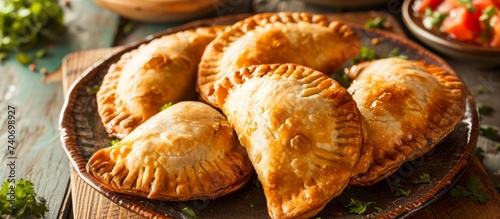 A close up of a plate of empanadas, a dish made with various ingredients enclosed in dough and baked or fried. Empanadas are a popular food item in Latin American cuisine
