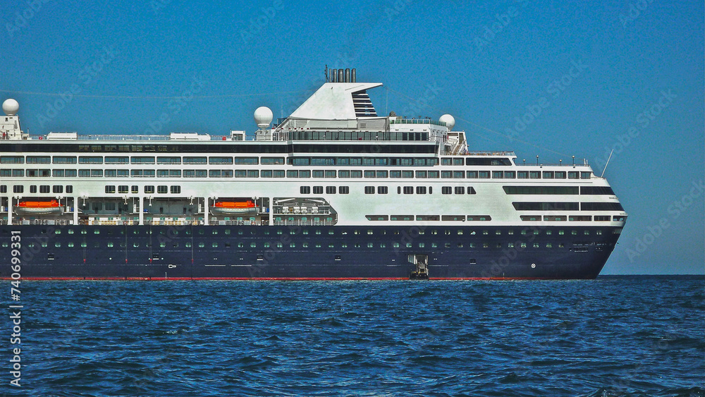 Classic cruiseship cruise ship liner Ryndam at sea anchoring or in port