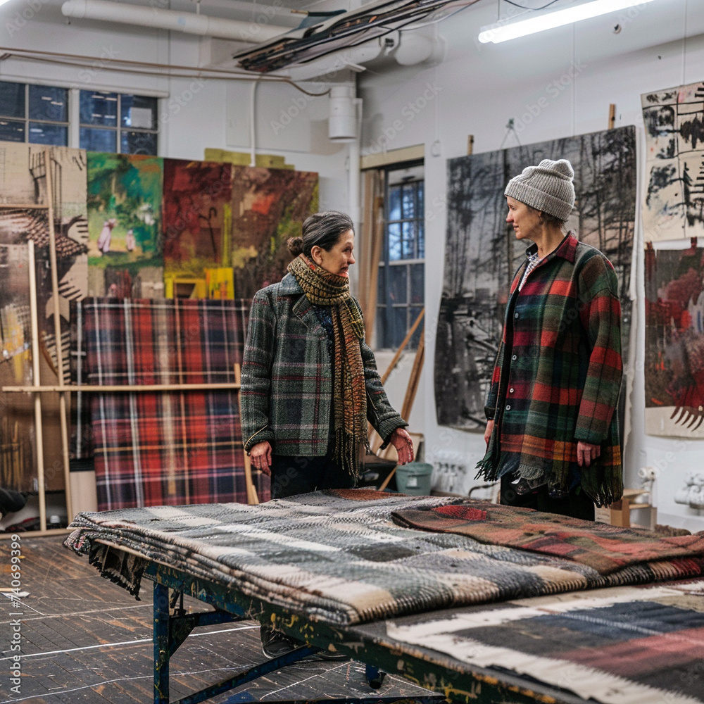 Senior artists in a diverse industrial studio blending plaid textiles with earthy materials investing in the fusion of tradition and innovation