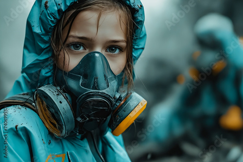 Young girl wearing gas mask and blue raincoat.