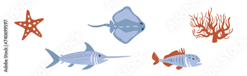 Sea Animals and Marine Creature Floating in Ocean Vector Set