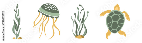 Sea Animals and Marine Creature Floating in Ocean Vector Set