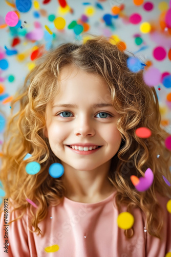 Girl with long curly hair is smiling and surrounded by colorful dots.