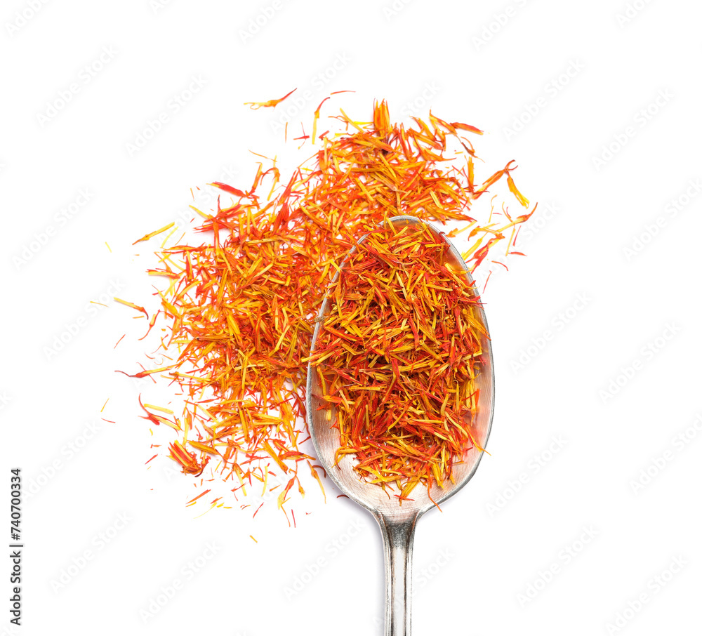 Fototapeta premium Aromatic saffron and spoon isolated on white, top view