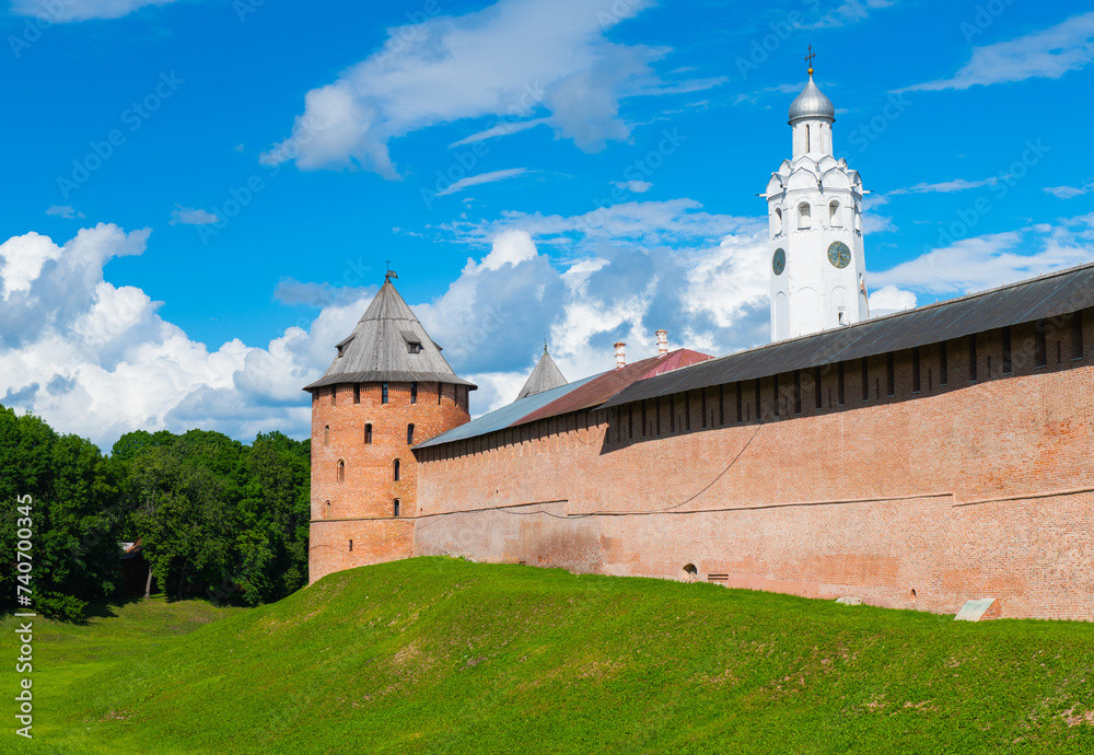 Towers and walls of Veliky Novgorod Kremlin (Novgorod Detinets). Sunny summer day. Russia