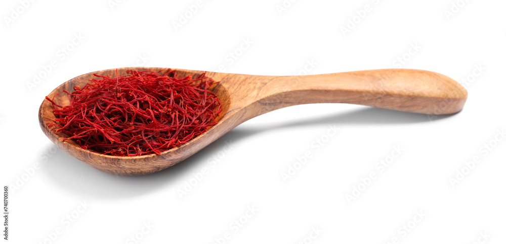 Aromatic saffron in spoon isolated on white Aromatic saffron in spoon isolated on white