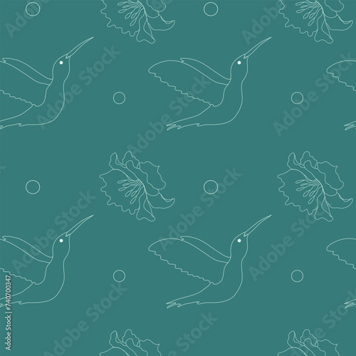 Hummingbird with flower seamless pattern on green background, stylish combination isolated set, ink sketch illustration. Bird background colibri tropical silhouette art. Black and white hand drawn