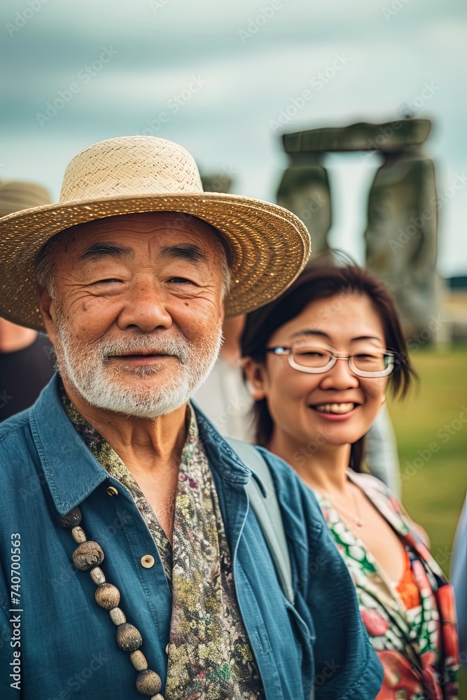 Senior asian travelers portrait, in front of Stonehenge.