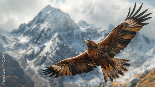 Against a backdrop of snow-capped mountains, a golden eagle soars majestically through the crisp alpine air, its keen eyes scanning the rugged terrain below. 