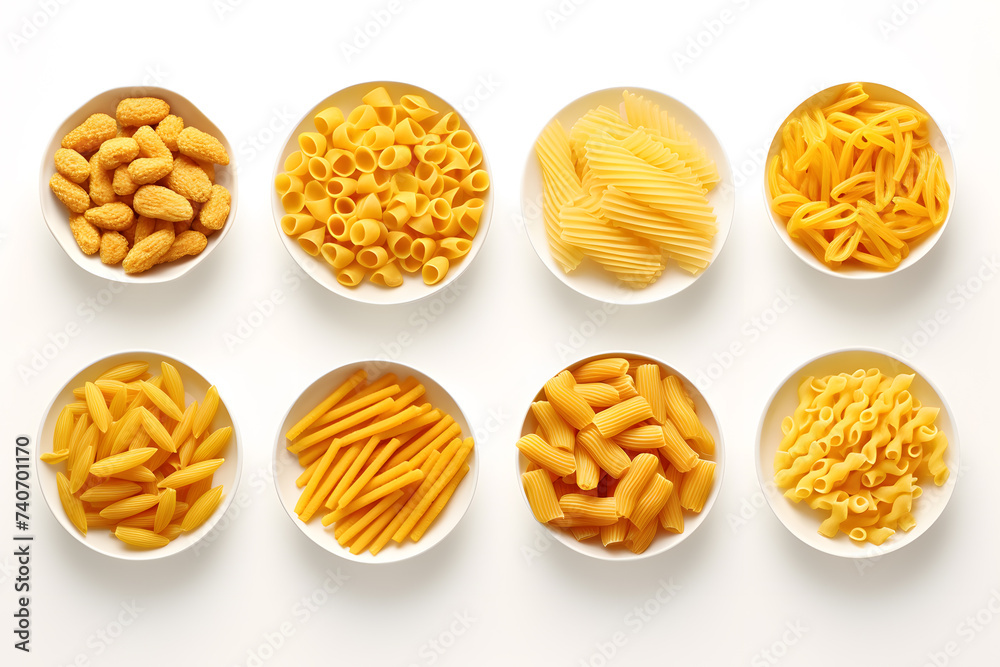 Pasta and macaroni set top view, dry penne, fusilli, rigatoni, conchiglie, farfalle, chiferri isolated on white background Pasta and macaroni set top view, dry penne, fusilli, rigatoni, conchiglie, farfalle, chiferri isolated on white background