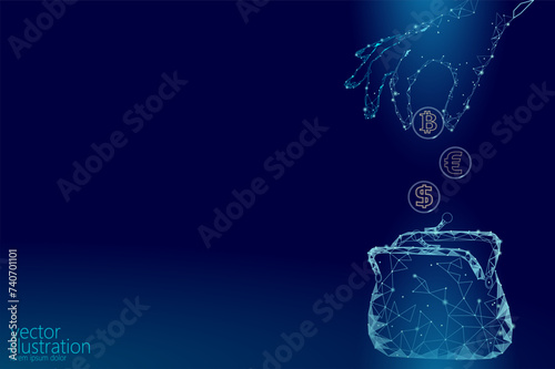Low poly hand puts Bitcoin cryptocurrency into wallet. Future e-commerce digital international finance banking technology mining blockchain. Blue glowing space 3d vector illustration photo
