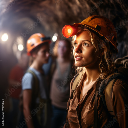 Adventure Beneath: Young Woman Leading a Group of Tourists Through an Underground Cave Exploration