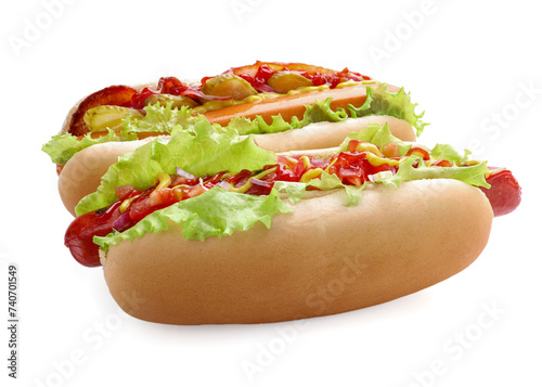 Tasty hot dogs with different toppings isolated on white