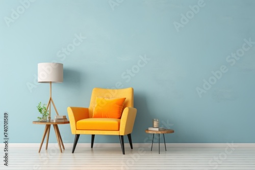 modern living room with chair against wall with bright yellow wall