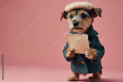 A dog in a hat and clothes reads a letter on a pink background