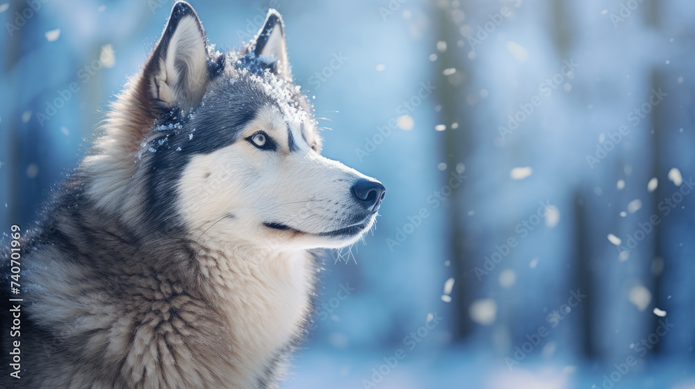 Naklejka premium Siberian husky dog in snow