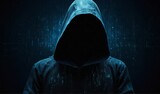 Abstract image of unrecognizable hacker cyber criminal in hood with dark space and matrix instead of face isolated on blue digital background. Security system cyber attack