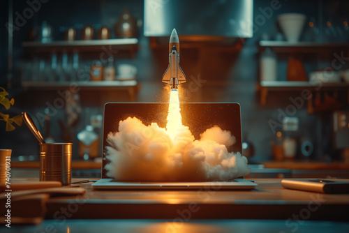 Creative workspace with rocket launch on laptop screen Generative AI image photo