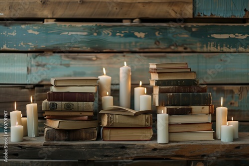 stacks of old books with candles on a wooden shelf background  world book day  copy space - generative ai