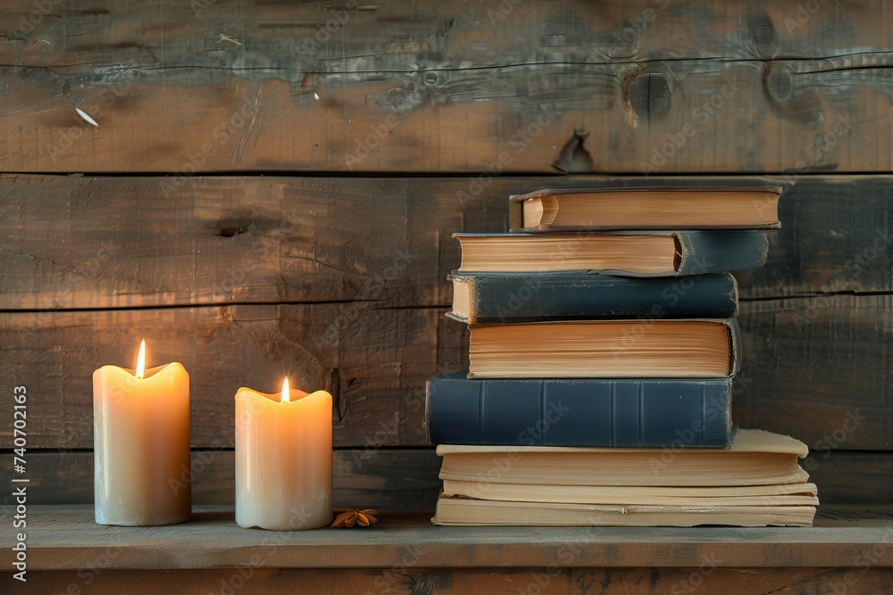 stacks of old books with candles on a wooden shelf background, world book day, copy space - generative ai