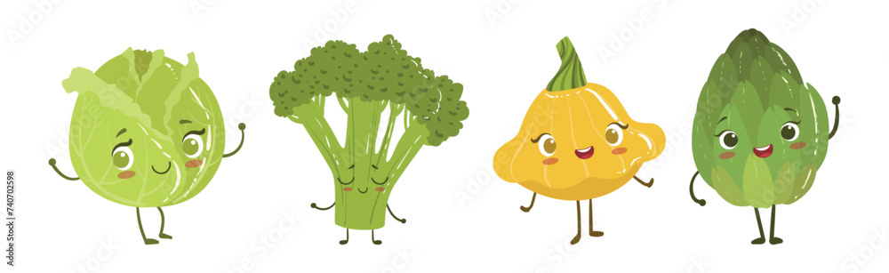 Fototapeta premium Ripe Funny Vegetable Character with Smiling Face Vector Set
