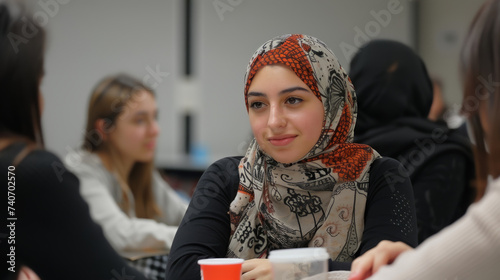 A group of students engaged in a lively discussion exchanging diverse perspectives and ideas photo