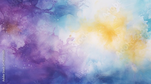 watercolour splatter background, purple yellow, in the style of dark sky-blue and emerald