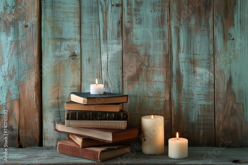 stacks of old books with candles on a wooden shelf background, world book day, copy space - generative ai © Nia™