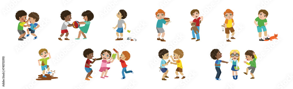 Angry Warring and Bullying Kids Fighting Vector Set Angry Warring and Bullying Kids Fighting Vector Set